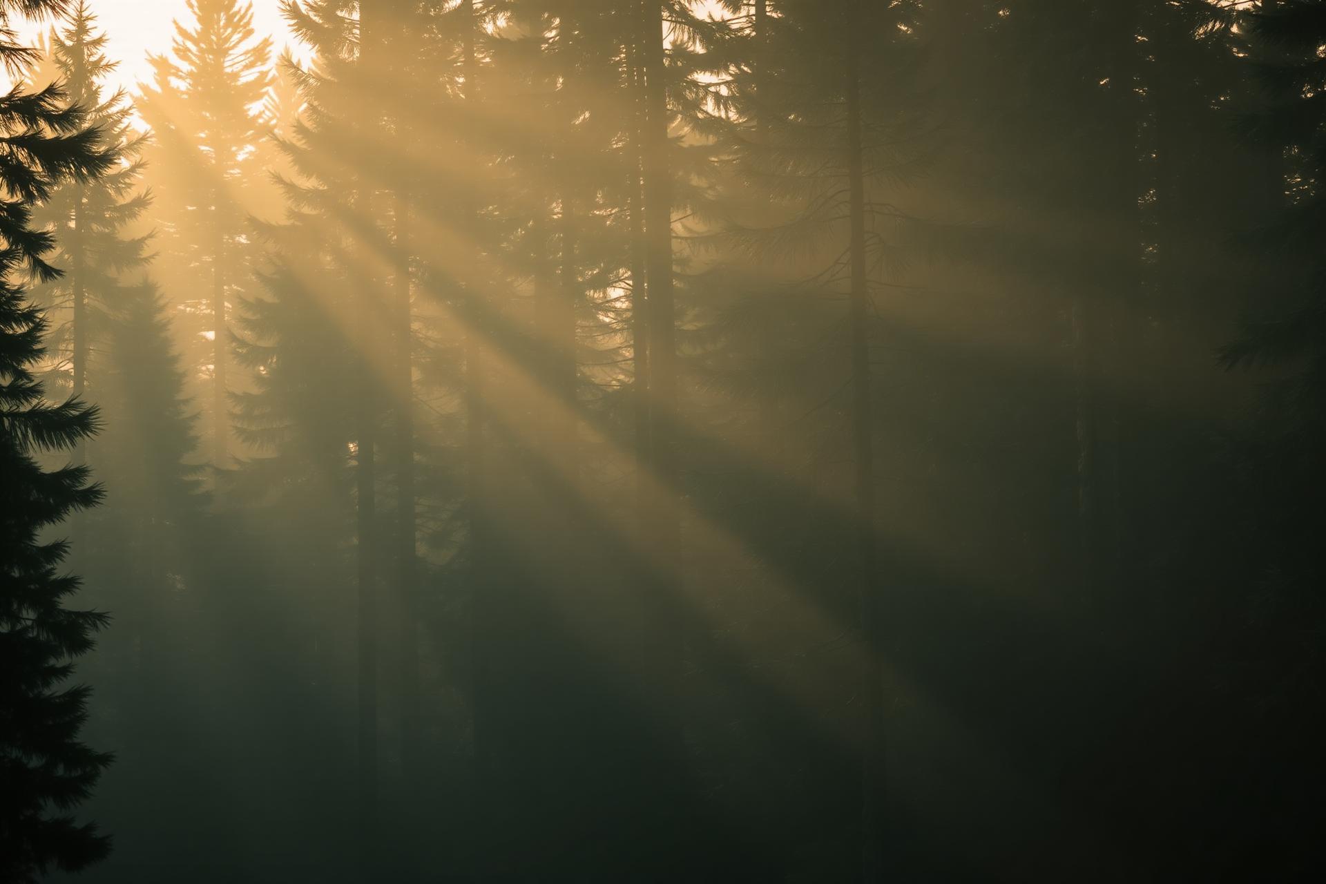 Sun rays through a misty pine forest